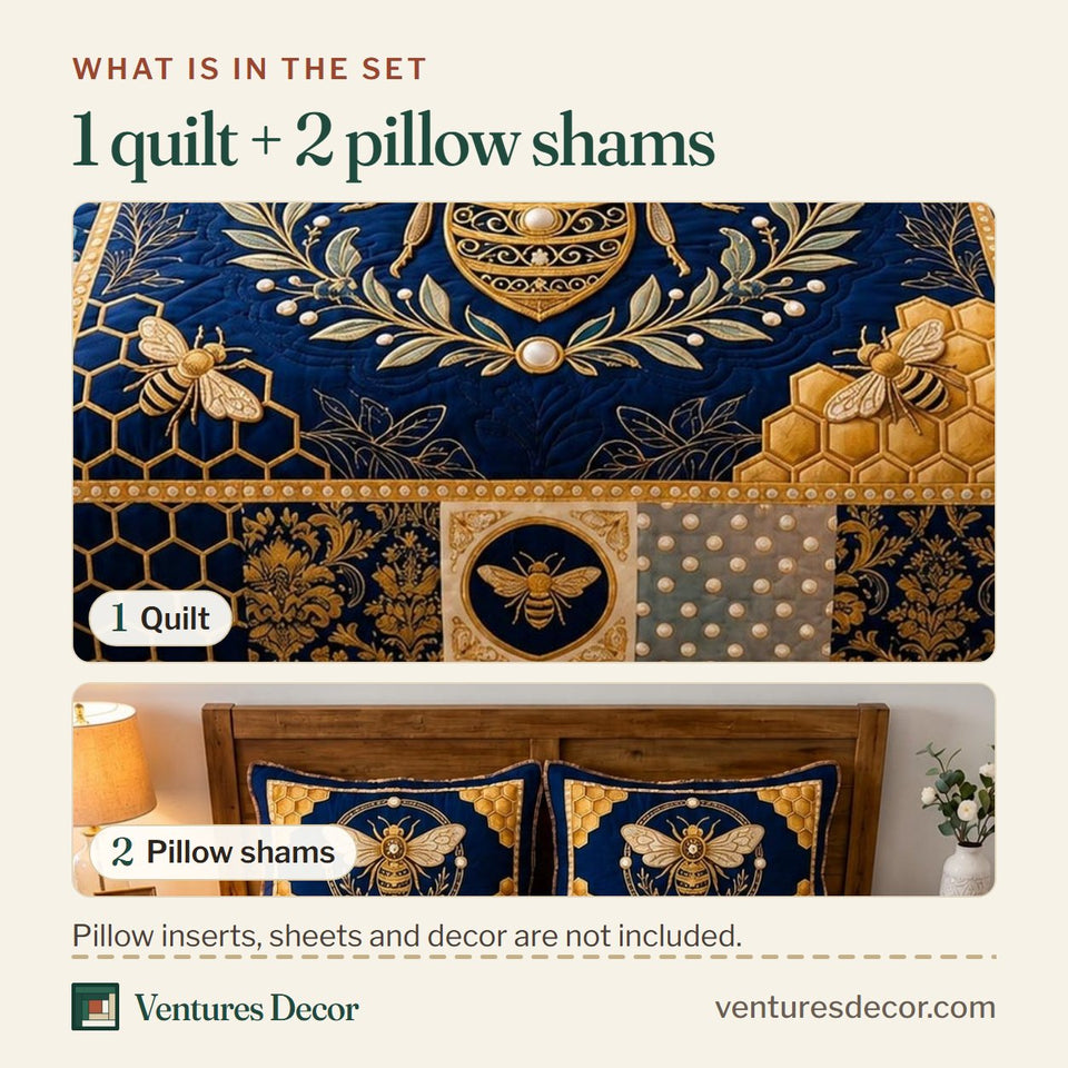 What is in the set: one quilt and two pillow shams, shown in the Navy Crest Royal Bee design