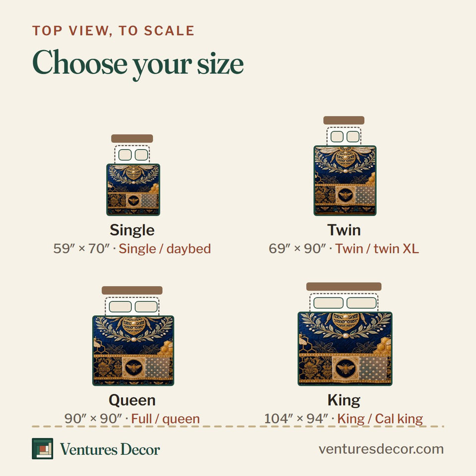 Size guide for the Navy Crest Royal Bee quilt, top view to scale: Single 59 x 70 in, Twin 69 x 90 in, Queen 90 x 90 in, King 104 x 94 in