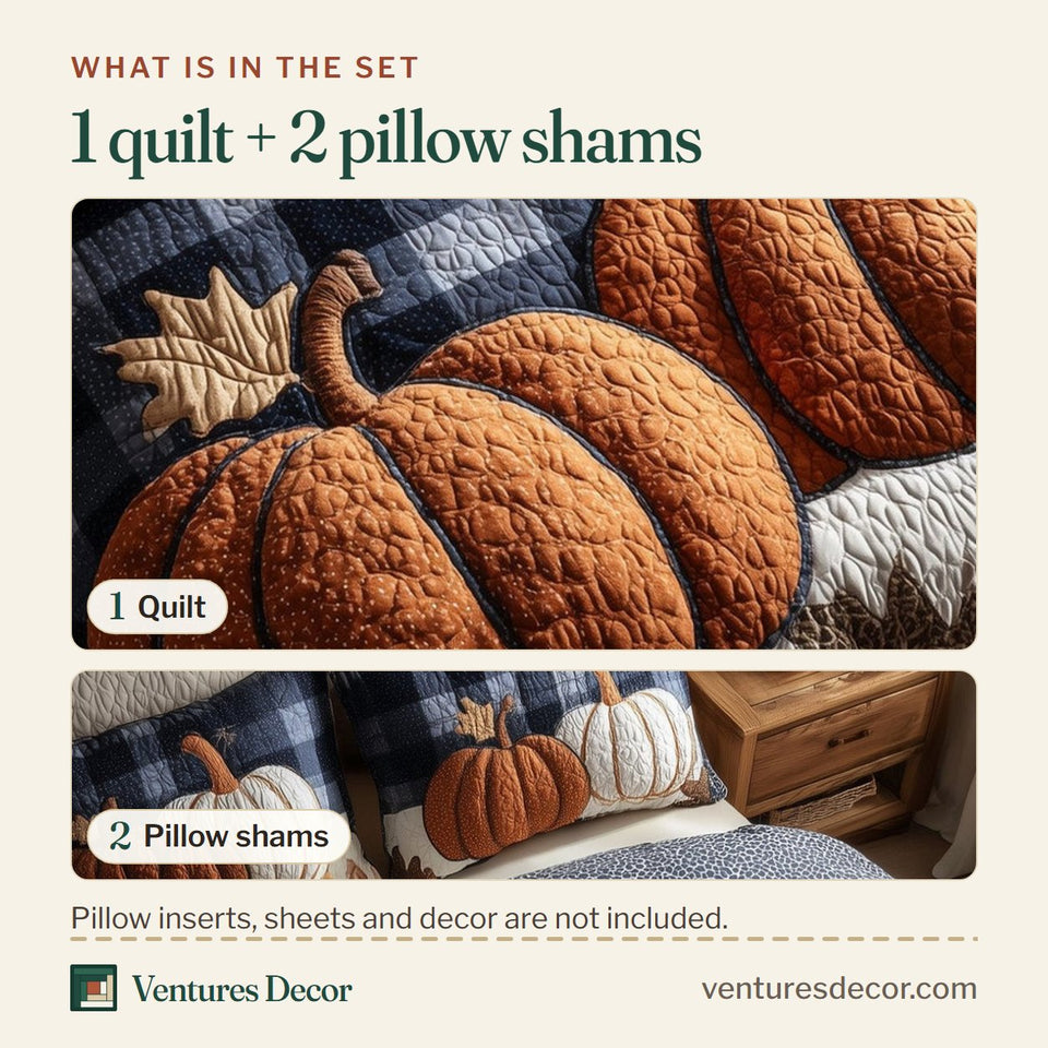 What is in the set: one quilt and two pillow shams, shown in the Navy Plaid Pumpkin Duo design