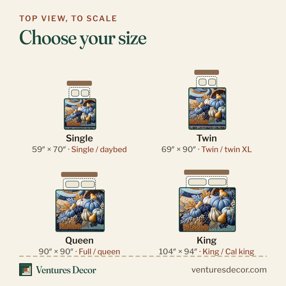 Size guide for the Navy Swirl Cornucopia quilt, top view to scale: Single 59 x 70 in, Twin 69 x 90 in, Queen 90 x 90 in, King 104 x 94 in