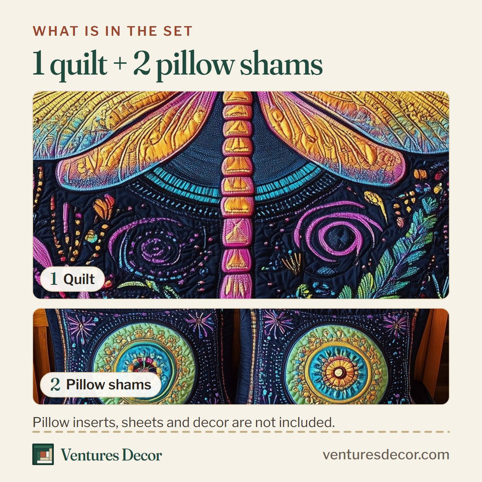What is in the set: one quilt and two pillow shams, shown in the Neon Mandala Dragonfly design