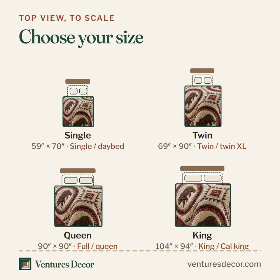 Size guide for the Nordic Bear quilt, top view to scale: Single 59 x 70 in, Twin 69 x 90 in, Queen 90 x 90 in, King 104 x 94 in
