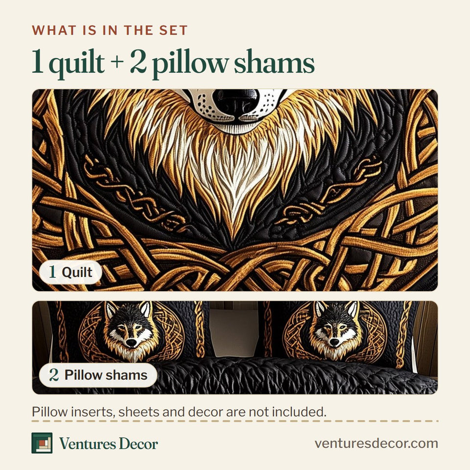 What is in the set: one quilt and two pillow shams, shown in the Nordic Wolf Spirit Golden Knot Ring design