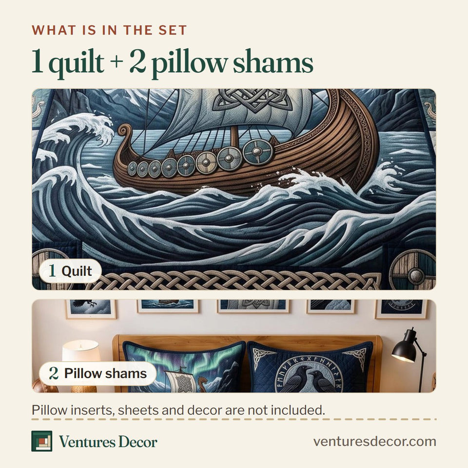 What is in the set: one quilt and two pillow shams, shown in the Norse Legacy design
