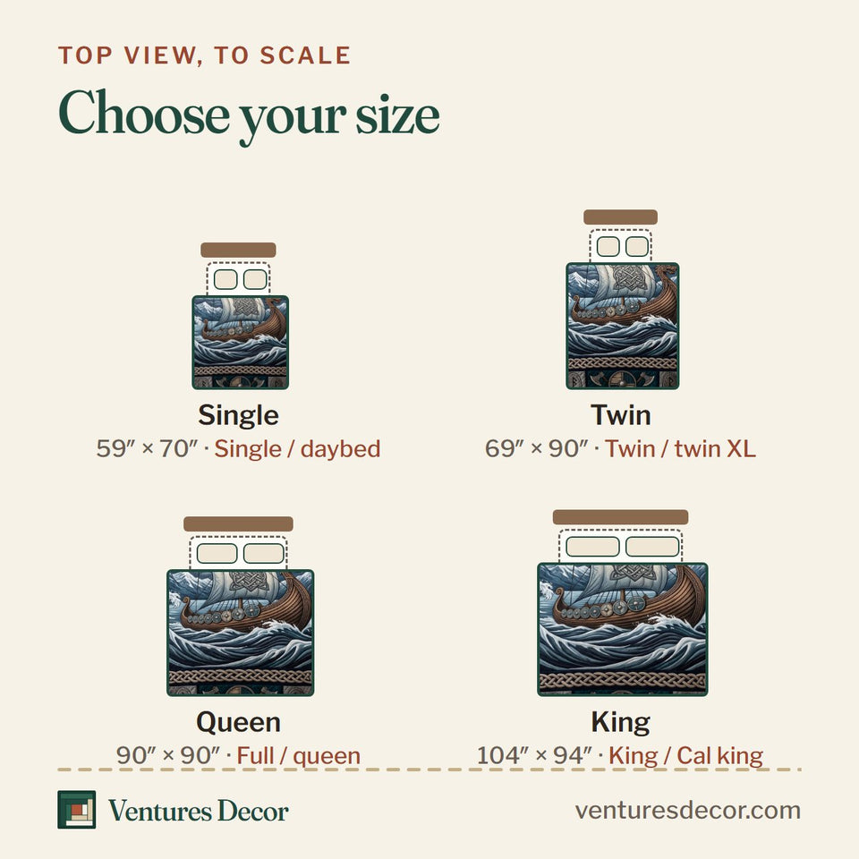 Size guide for the Norse Legacy quilt, top view to scale: Single 59 x 70 in, Twin 69 x 90 in, Queen 90 x 90 in, King 104 x 94 in
