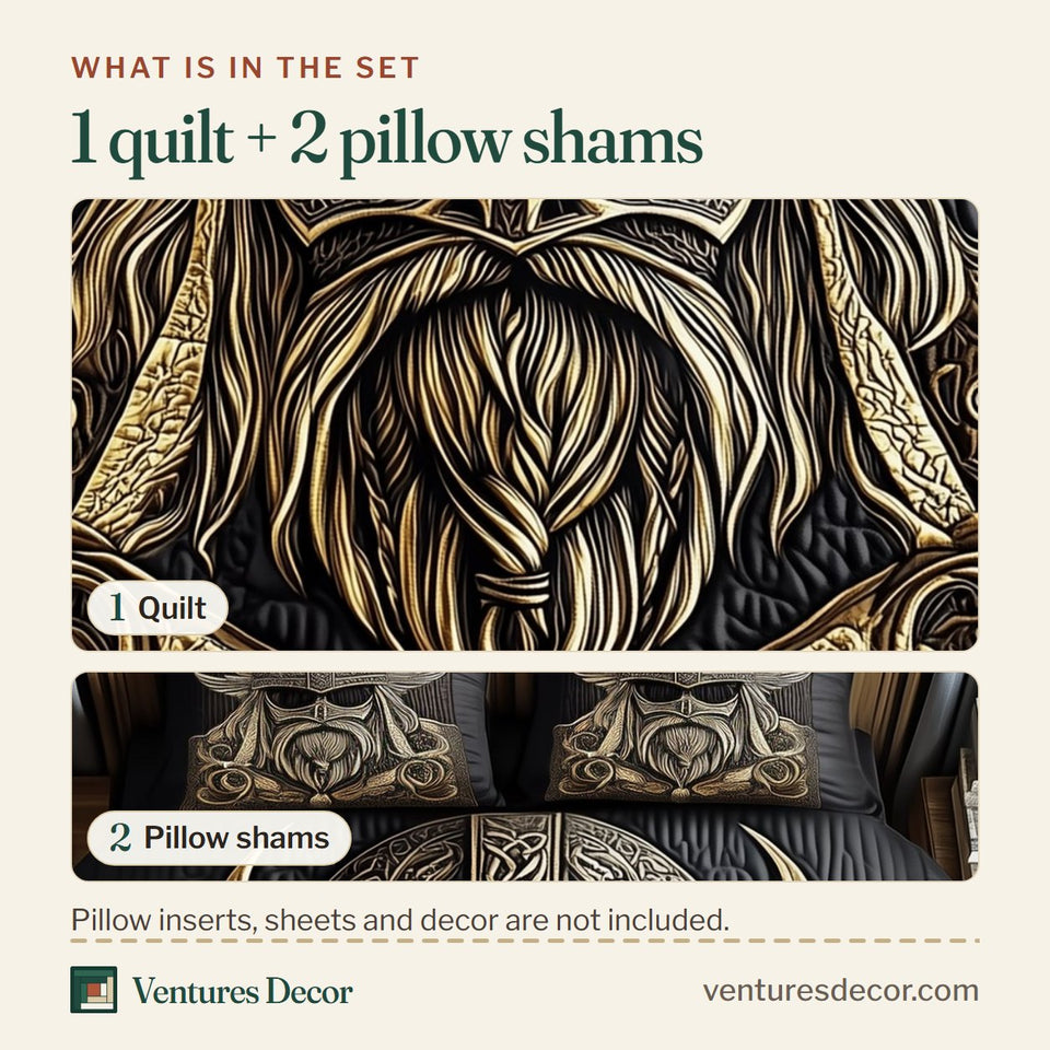 What is in the set: one quilt and two pillow shams, shown in the Norse Warrior Helm design