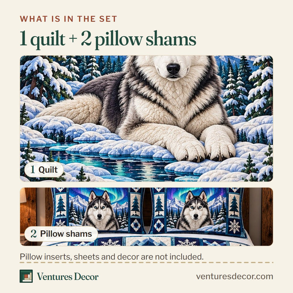 What is in the set: one quilt and two pillow shams, shown in the Northern Lights Husky Quilt Set, 3-Piece Quilted Bedding with 2 Pillow Shams design