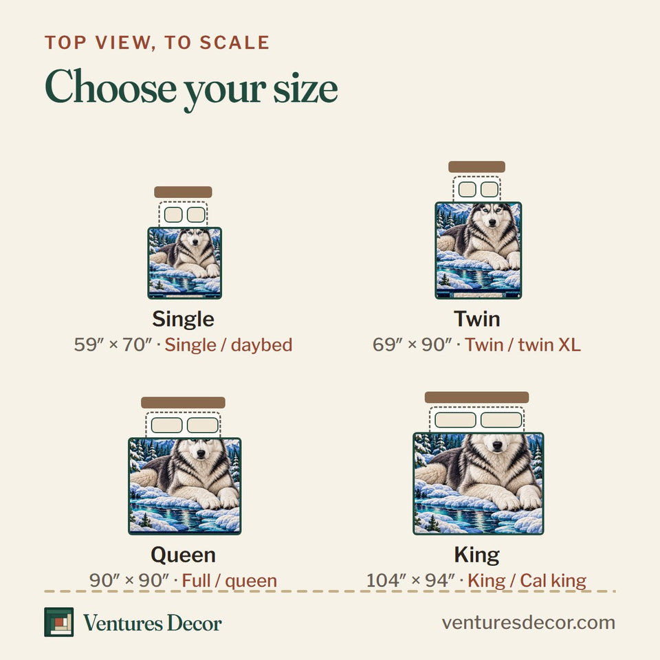 Size guide for the Northern Lights Husky Quilt Set, 3-Piece Quilted Bedding with 2 Pillow Shams quilt, top view to scale: Single 59 x 70 in, Twin 69 x 90 in, Queen 90 x 90 in, King 104 x 94 in