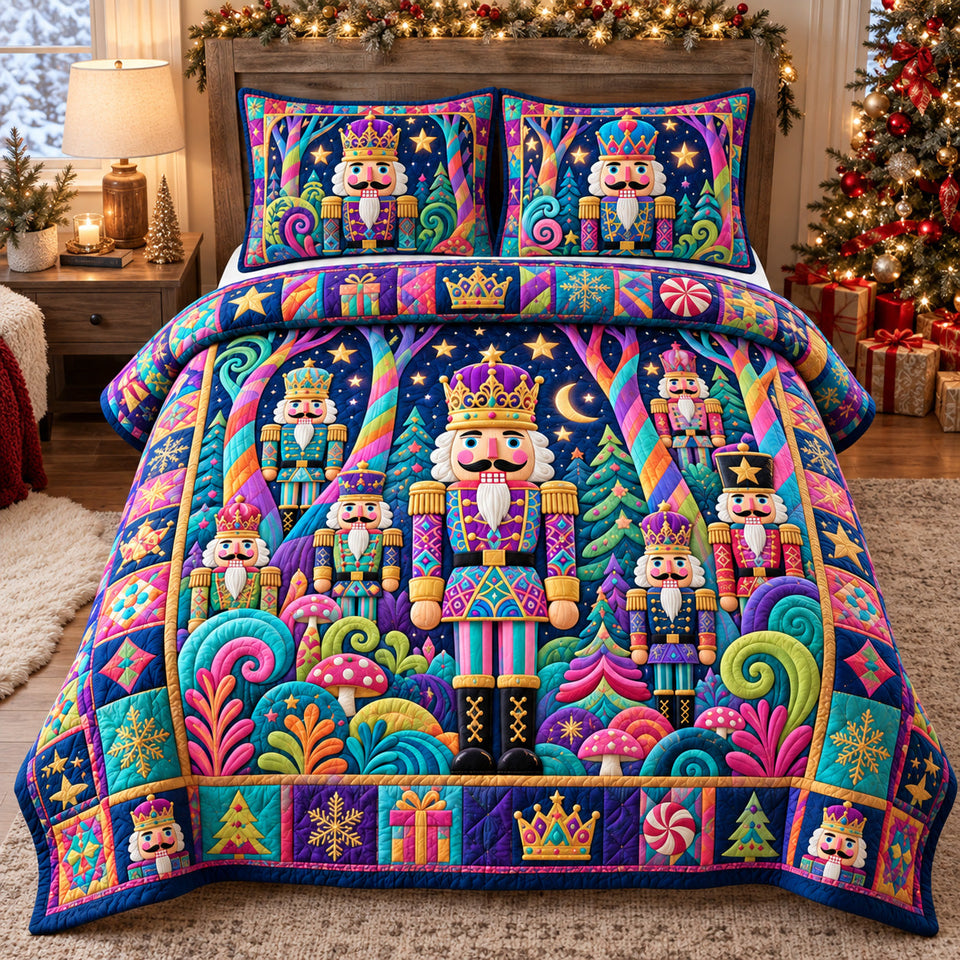 Nutcracker Candy Wonderland quilted bedding set, quilt and two pillow shams on a made bed