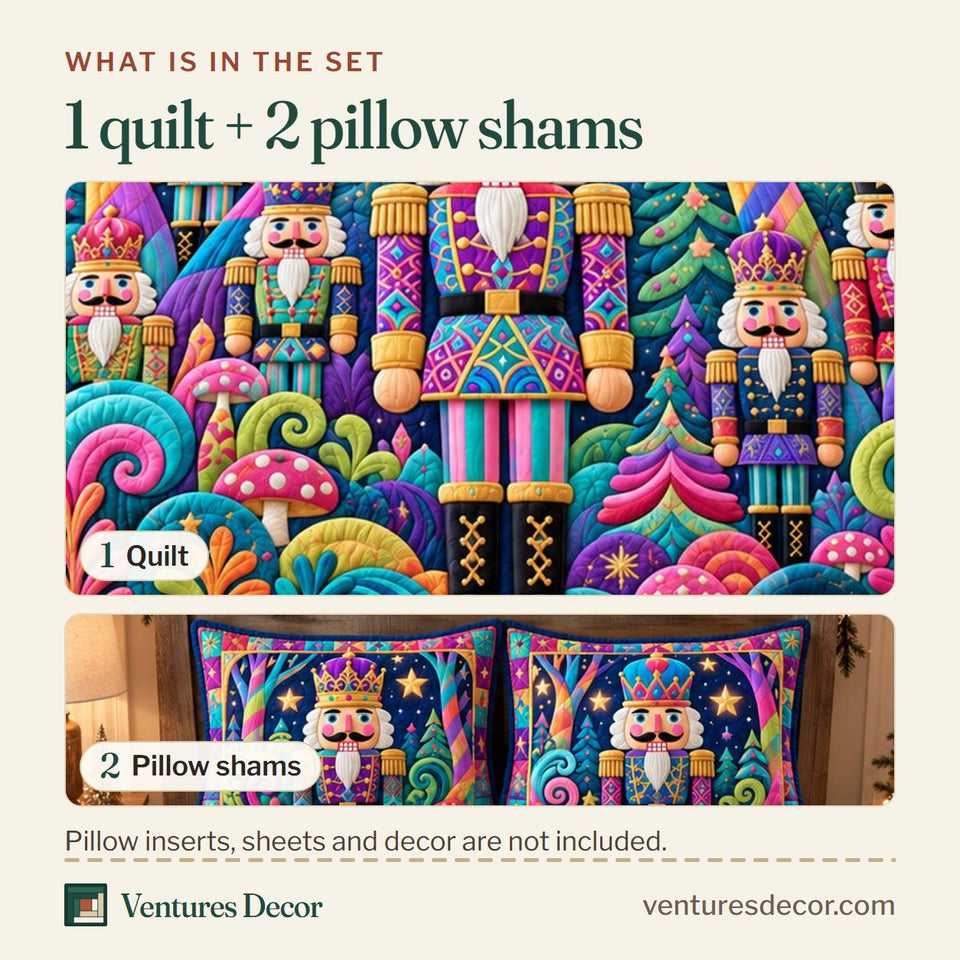 What is in the set: one quilt and two pillow shams, shown in the Christmas Nutcracker Candy Wonderland Quilt Set, 3-Piece Quilted Bedding with 2 Pillow Shams design