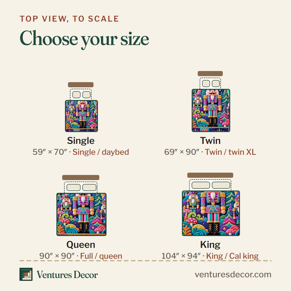 Size guide for the Christmas Nutcracker Candy Wonderland Quilt Set, 3-Piece Quilted Bedding with 2 Pillow Shams quilt, top view to scale: Single 59 x 70 in, Twin 69 x 90 in, Queen 90 x 90 in, King 104 x 94 in