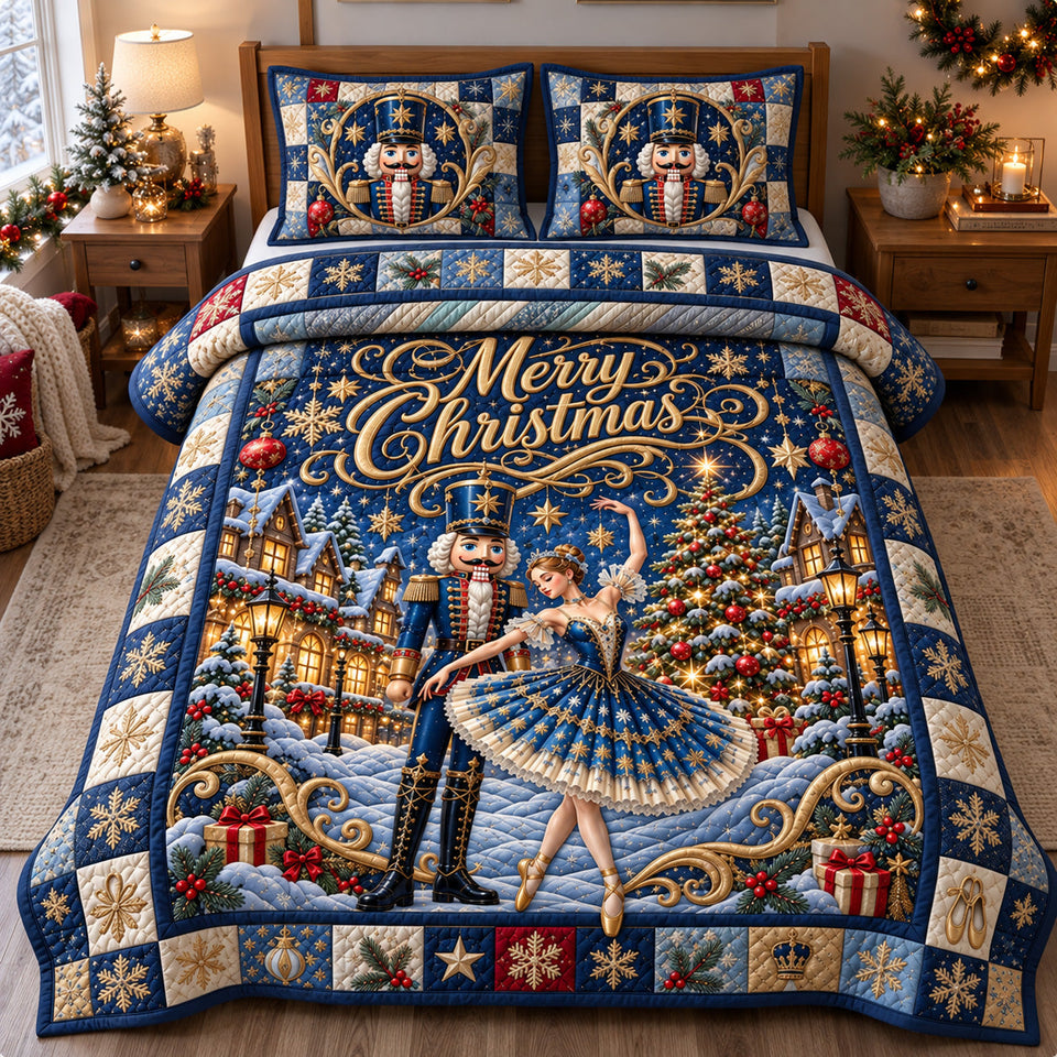 Nutcracker Christmas Ballet quilted bedding set, quilt and two pillow shams on a made bed