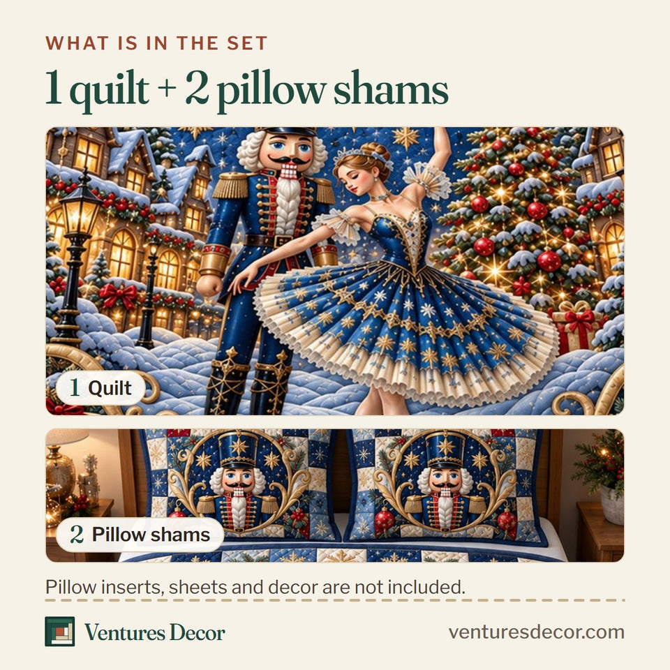 What is in the set: one quilt and two pillow shams, shown in the Nutcracker Christmas Ballet Quilt Set, 3-Piece Quilted Bedding with 2 Pillow Shams design