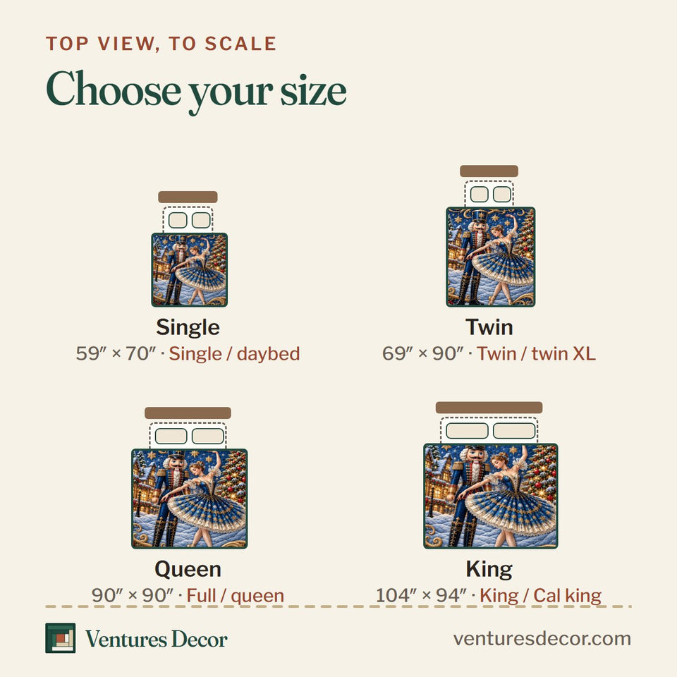 Size guide for the Nutcracker Christmas Ballet Quilt Set, 3-Piece Quilted Bedding with 2 Pillow Shams quilt, top view to scale: Single 59 x 70 in, Twin 69 x 90 in, Queen 90 x 90 in, King 104 x 94 in