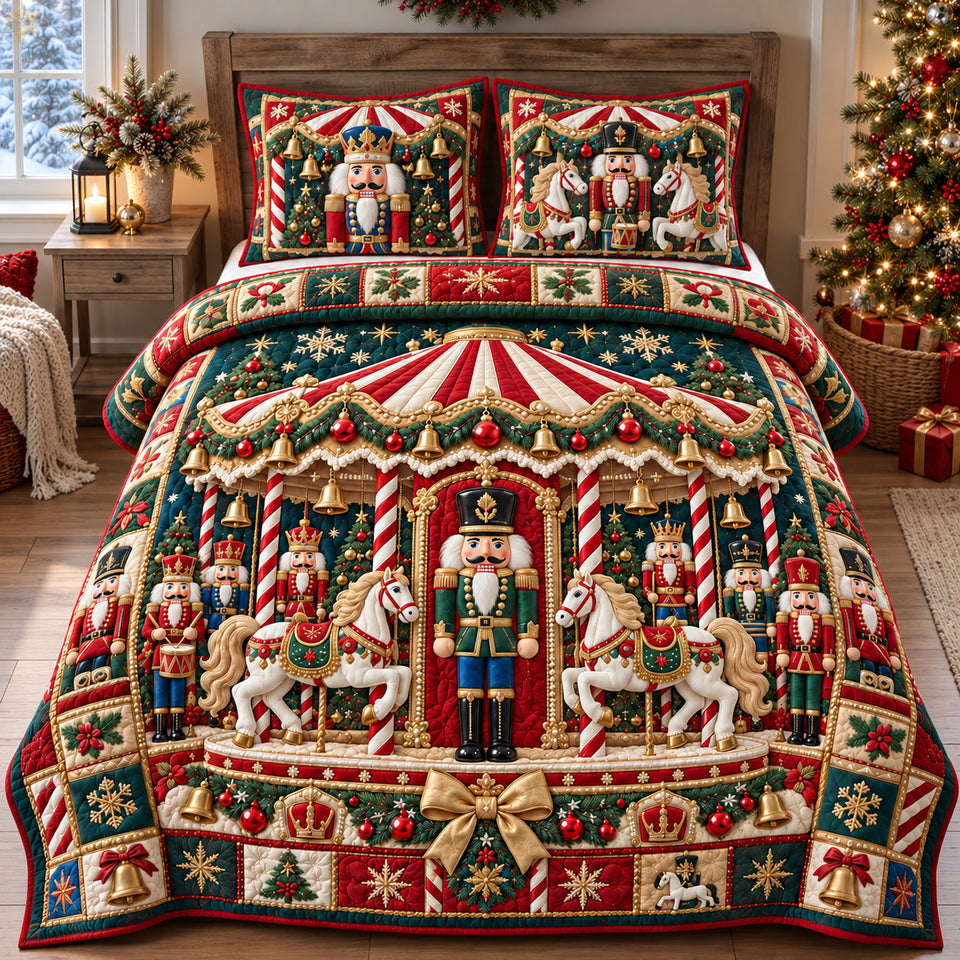 Nutcracker Christmas Carousel quilted bedding set, quilt and two pillow shams on a made bed