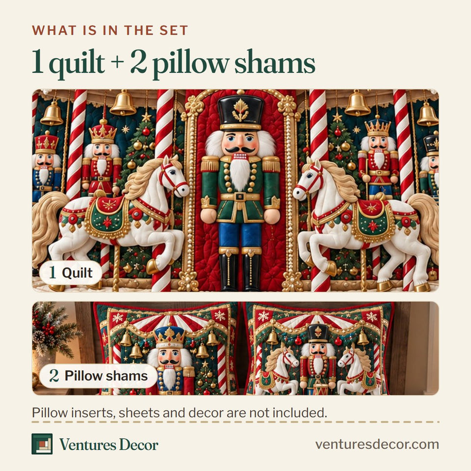 What is in the set: one quilt and two pillow shams, shown in the Nutcracker Christmas Carousel Quilt Set, 3-Piece Quilted Bedding with 2 Pillow Shams design