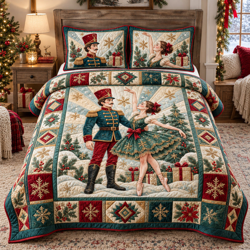 Nutcracker Christmas Dance quilted bedding set, quilt and two pillow shams on a made bed