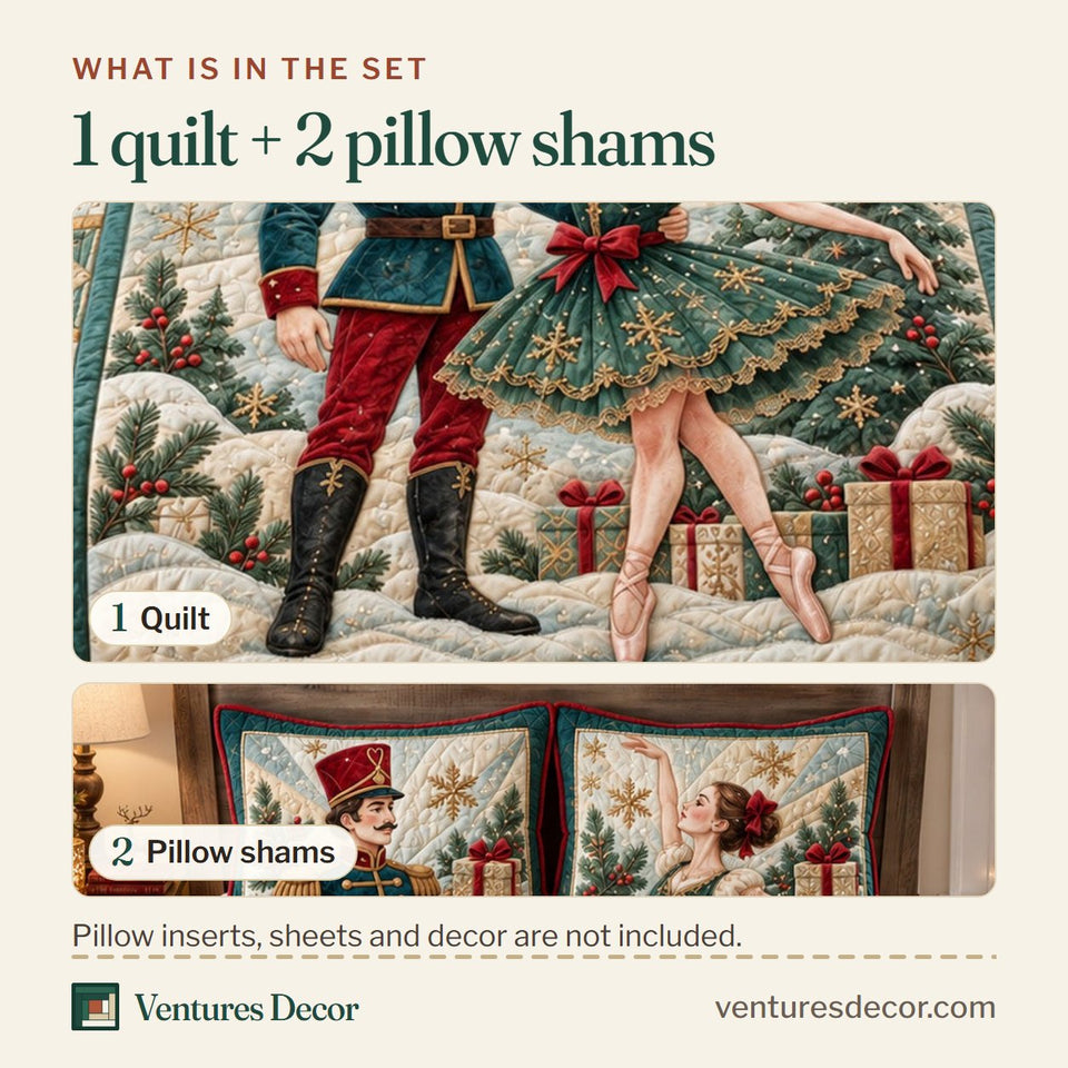What is in the set: one quilt and two pillow shams, shown in the Nutcracker Christmas Dance Quilt Set, 3-Piece Quilted Bedding with 2 Pillow Shams design