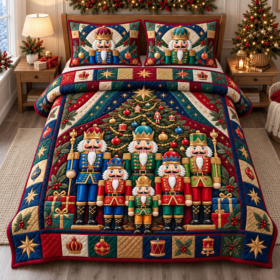 Nutcracker Christmas Kingdom quilted bedding set, quilt and two pillow shams on a made bed