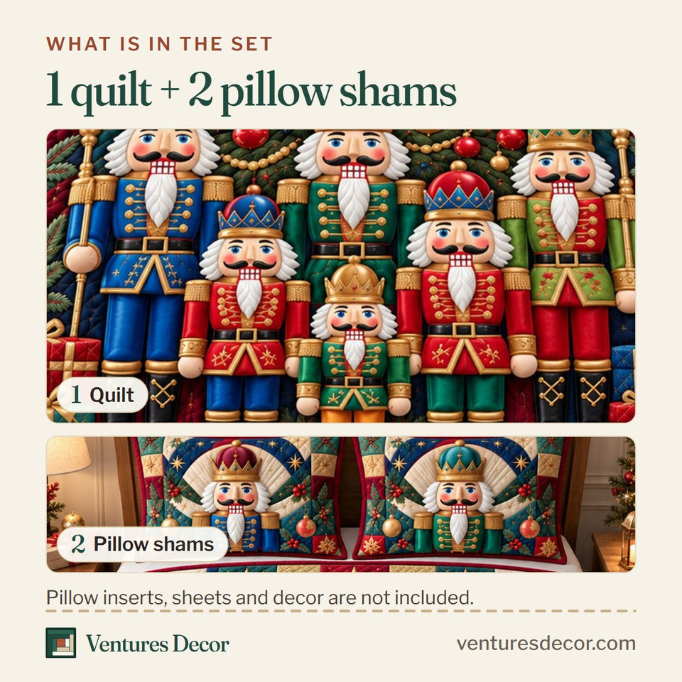 What is in the set: one quilt and two pillow shams, shown in the Nutcracker Christmas Kingdom Quilt Set, 3-Piece Quilted Bedding with 2 Pillow Shams design