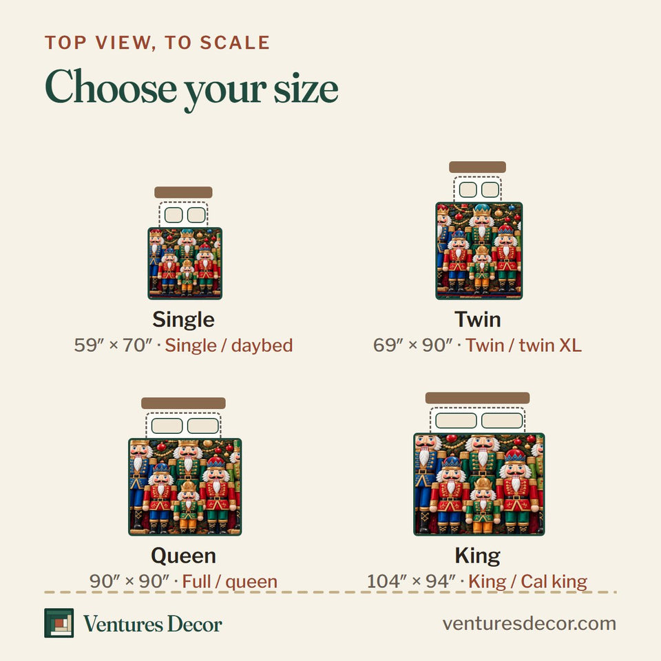 Size guide for the Nutcracker Christmas Kingdom Quilt Set, 3-Piece Quilted Bedding with 2 Pillow Shams quilt, top view to scale: Single 59 x 70 in, Twin 69 x 90 in, Queen 90 x 90 in, King 104 x 94 in