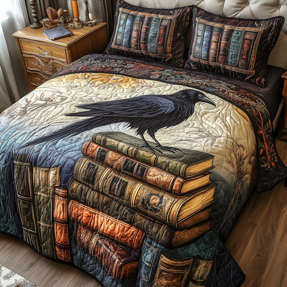 Obsidian Raven Amber Spine Row quilted bedding set, quilt and two pillow shams on a made bed