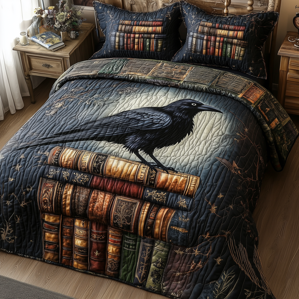 Obsidian Raven Dark Shelf Backdrop quilted bedding set, quilt and two pillow shams on a made bed