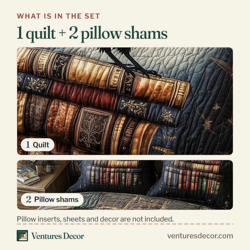 What is in the set: one quilt and two pillow shams, shown in the Obsidian Raven Dark Shelf Backdrop design