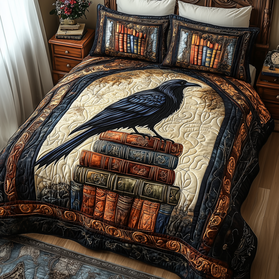 Obsidian Raven Library quilted bedding set, quilt and two pillow shams on a made bed