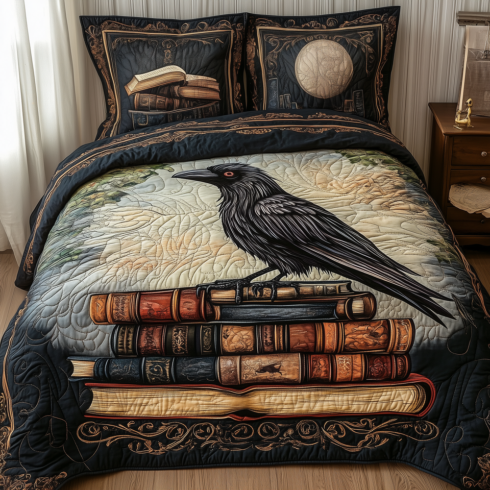 Obsidian Raven Pale Moon Behind the Books quilted bedding set, quilt and two pillow shams on a made bed