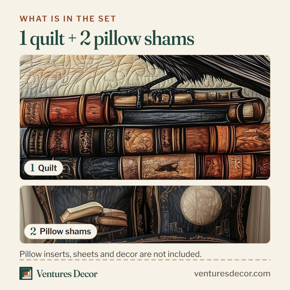 What is in the set: one quilt and two pillow shams, shown in the Obsidian Raven Pale Moon Behind the Books design