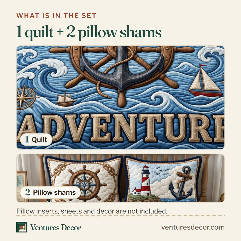 What is in the set: one quilt and two pillow shams, shown in the Ocean Adventure design