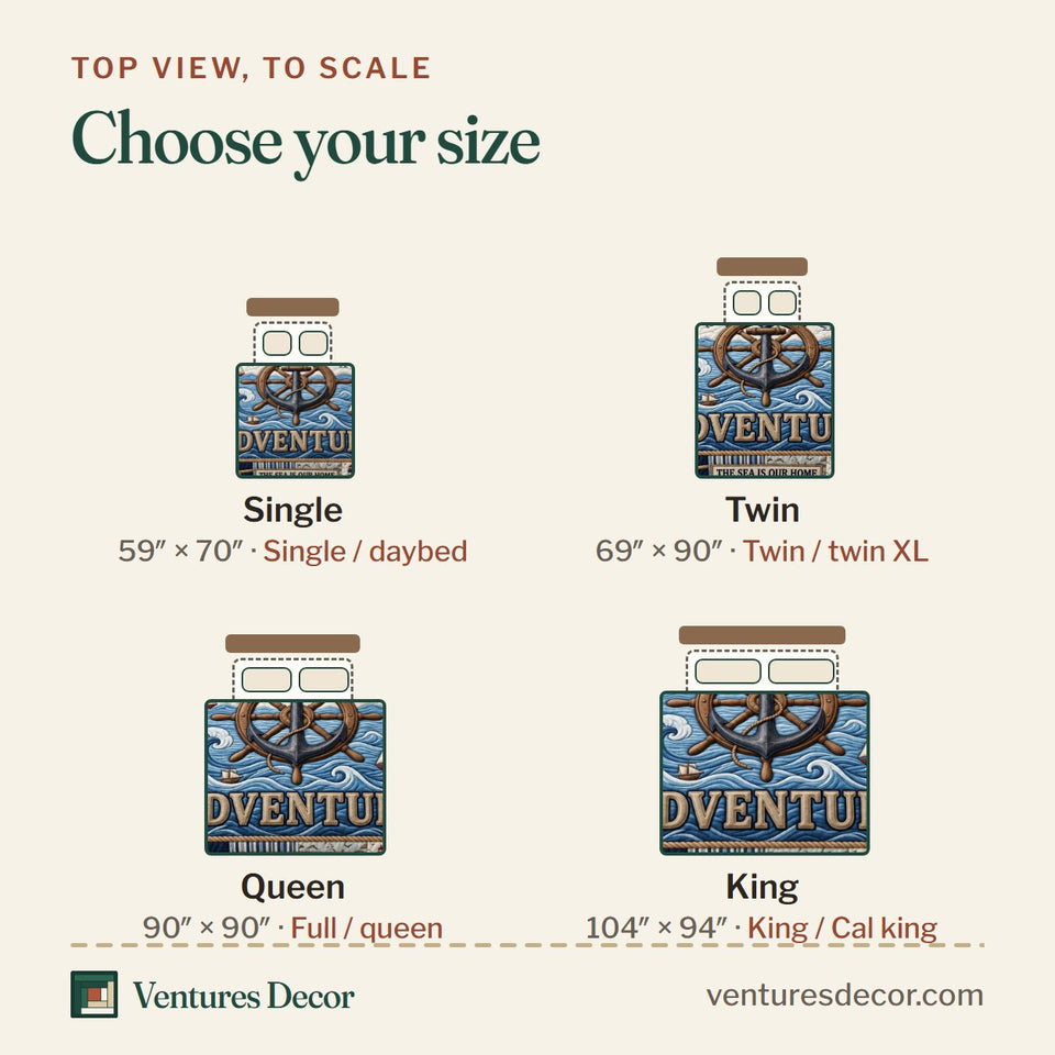 Size guide for the Ocean Adventure quilt, top view to scale: Single 59 x 70 in, Twin 69 x 90 in, Queen 90 x 90 in, King 104 x 94 in