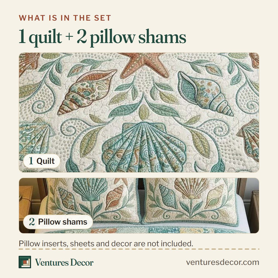 What is in the set: one quilt and two pillow shams, shown in the Ocean Breeze Cream Shell design