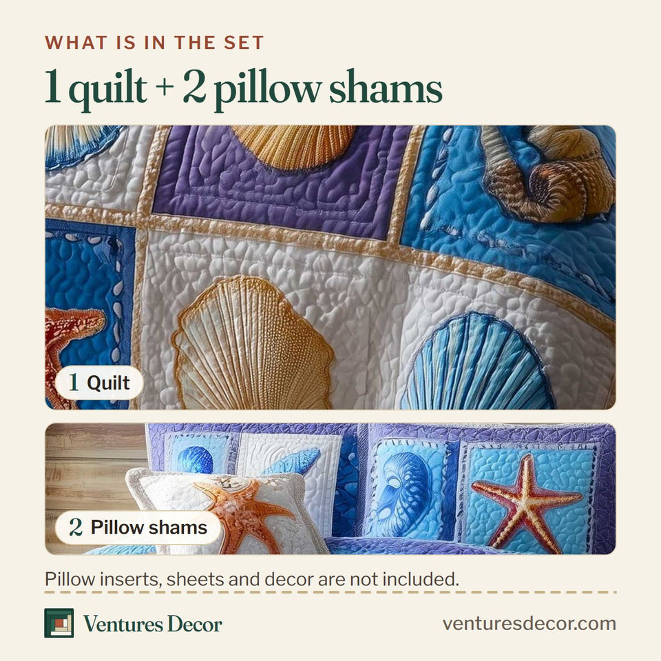 What is in the set: one quilt and two pillow shams, shown in the Ocean Breeze Periwinkle Shell Grid design