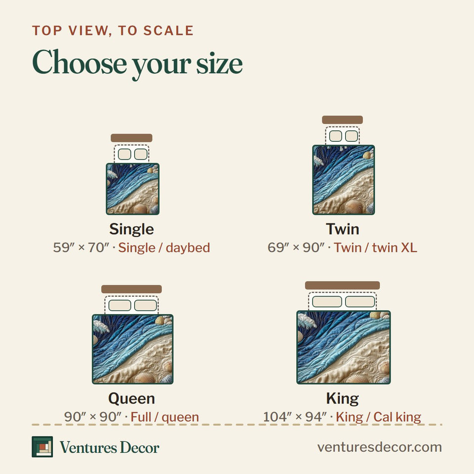 Size guide for the Ocean Breeze Rolling Surf Shoreline quilt, top view to scale: Single 59 x 70 in, Twin 69 x 90 in, Queen 90 x 90 in, King 104 x 94 in