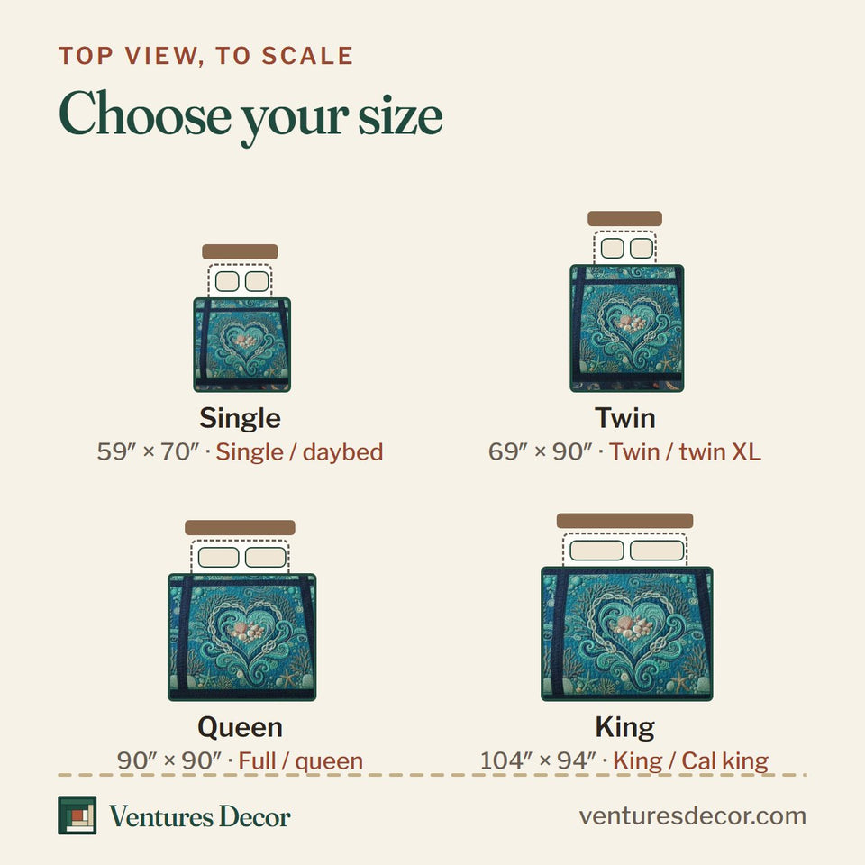 Size guide for the Ocean Breeze Teal Heart Blocks quilt, top view to scale: Single 59 x 70 in, Twin 69 x 90 in, Queen 90 x 90 in, King 104 x 94 in