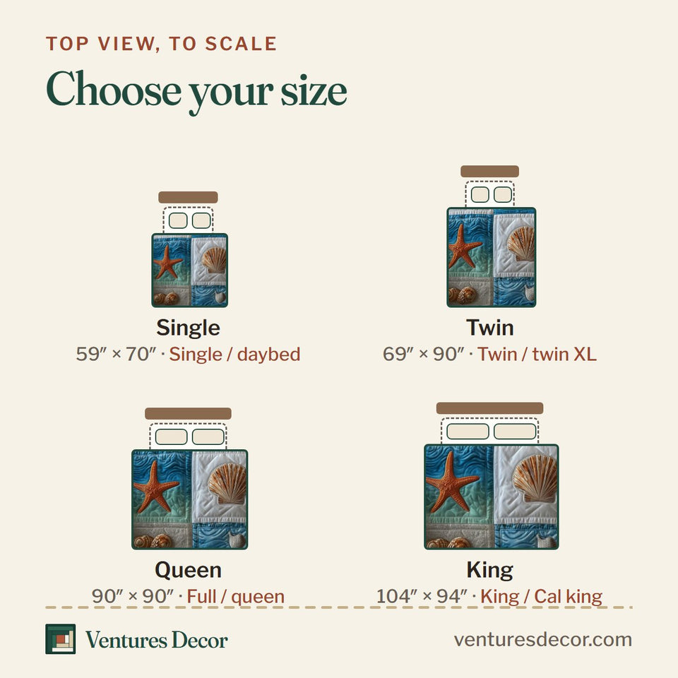 Size guide for the Ocean Breeze Turquoise Shell Patch quilt, top view to scale: Single 59 x 70 in, Twin 69 x 90 in, Queen 90 x 90 in, King 104 x 94 in
