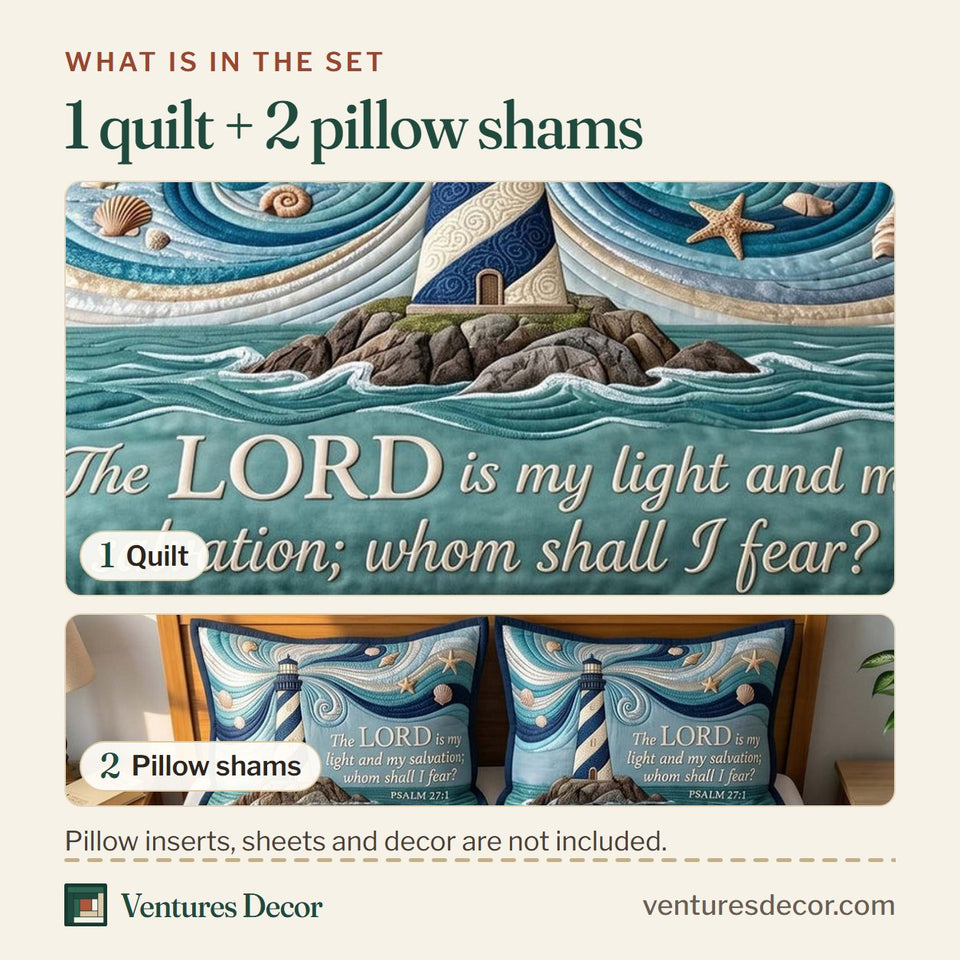 What is in the set: one quilt and two pillow shams, shown in the Ocean Grace Lighthouse Teal Swirl design