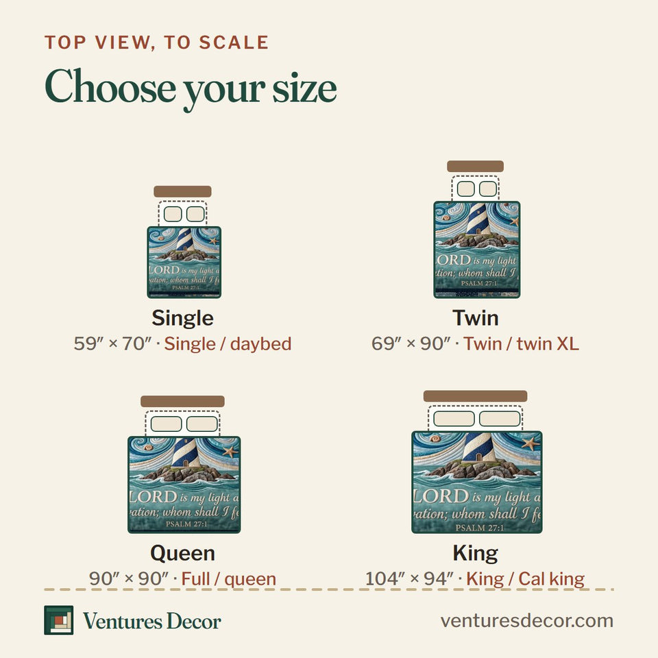 Size guide for the Ocean Grace Lighthouse Teal Swirl quilt, top view to scale: Single 59 x 70 in, Twin 69 x 90 in, Queen 90 x 90 in, King 104 x 94 in