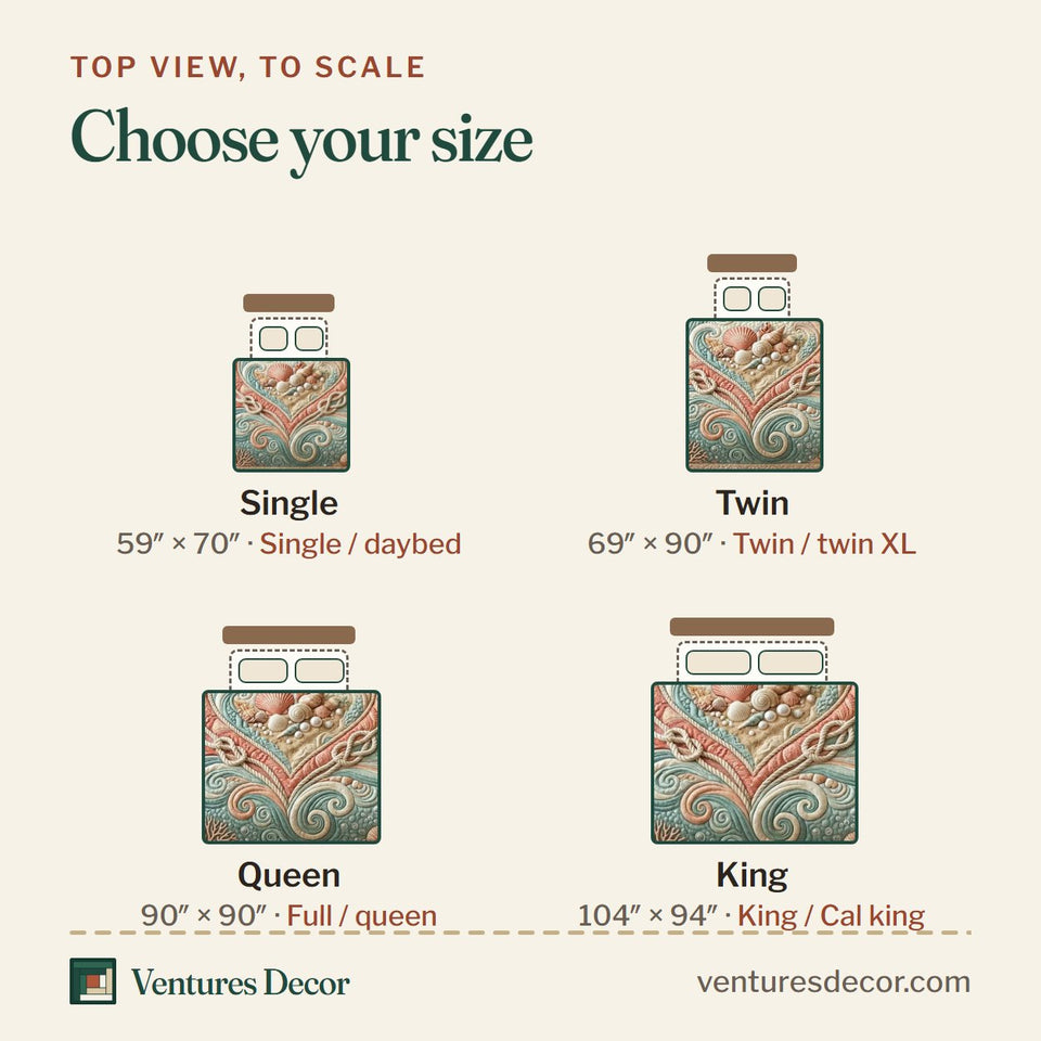 Size guide for the Ocean Love quilt, top view to scale: Single 59 x 70 in, Twin 69 x 90 in, Queen 90 x 90 in, King 104 x 94 in