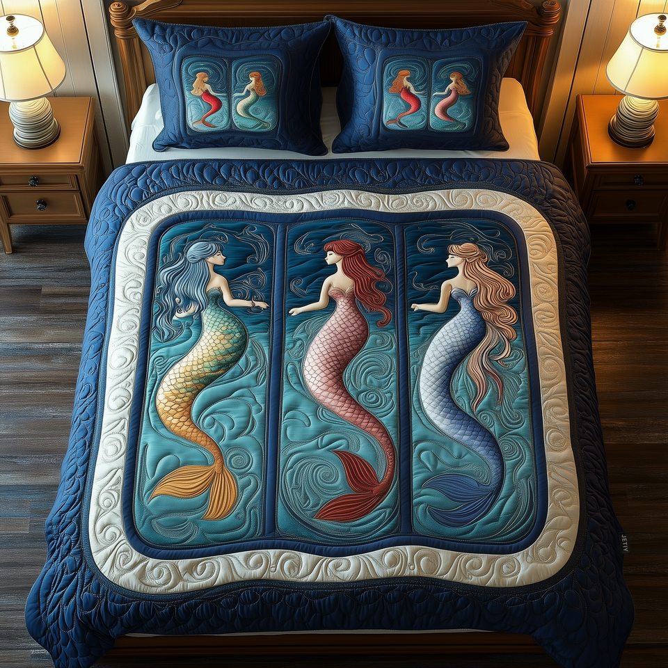 Ocean Mermaid Paradise Three Panel Trio quilted bedding set, quilt and two pillow shams on a made bed