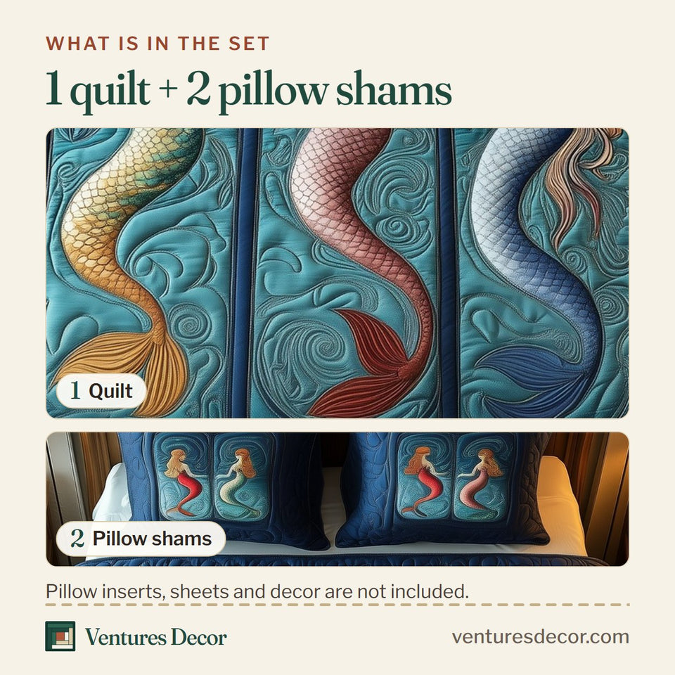 What is in the set: one quilt and two pillow shams, shown in the Ocean Mermaid Paradise Three Panel Trio design