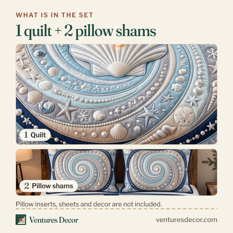 What is in the set: one quilt and two pillow shams, shown in the Ocean Pearl Shell Quilt Set, 3-Piece Quilted Bedding with 2 Pillow Shams design
