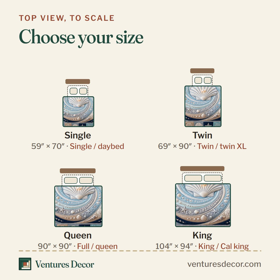 Size guide for the Ocean Pearl Shell Quilt Set, 3-Piece Quilted Bedding with 2 Pillow Shams quilt, top view to scale: Single 59 x 70 in, Twin 69 x 90 in, Queen 90 x 90 in, King 104 x 94 in