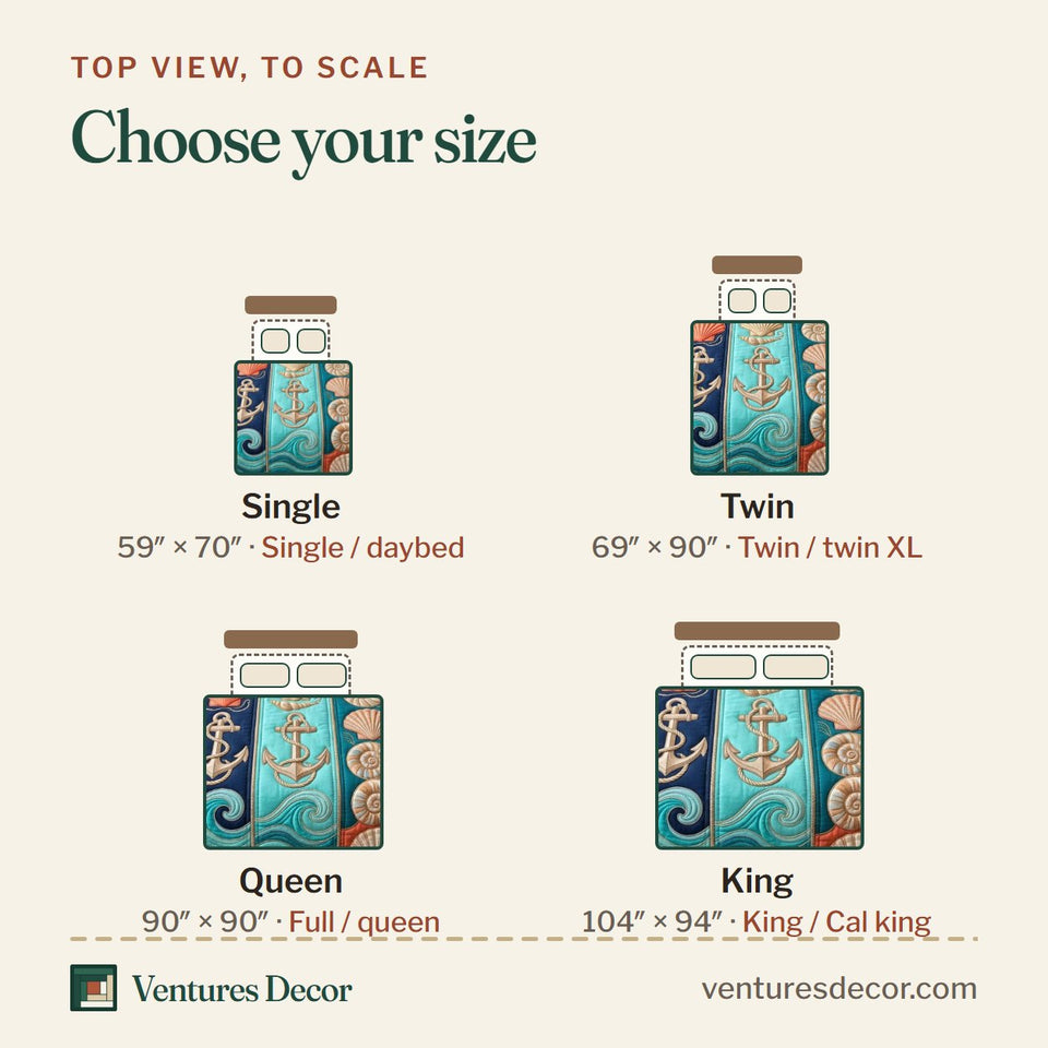Size guide for the Ocean Pearls Shell and Anchor Panels quilt, top view to scale: Single 59 x 70 in, Twin 69 x 90 in, Queen 90 x 90 in, King 104 x 94 in