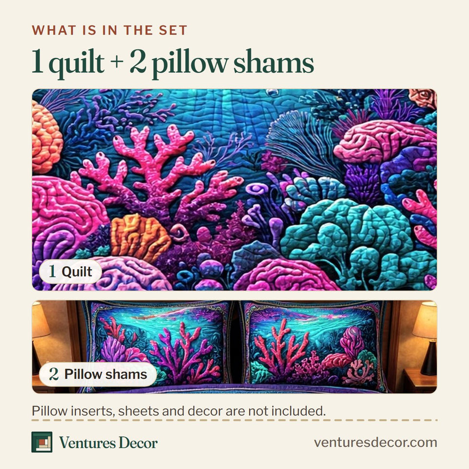What is in the set: one quilt and two pillow shams, shown in the Ocean Shells Neon Coral Reef design