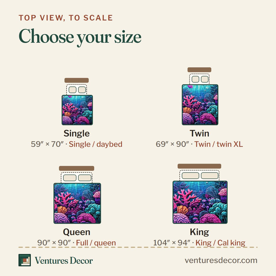 Size guide for the Ocean Shells Neon Coral Reef quilt, top view to scale: Single 59 x 70 in, Twin 69 x 90 in, Queen 90 x 90 in, King 104 x 94 in