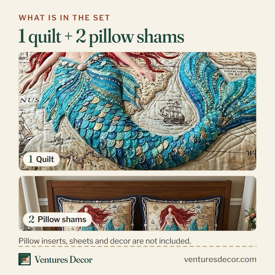 What is in the set: one quilt and two pillow shams, shown in the Ocean Siren design