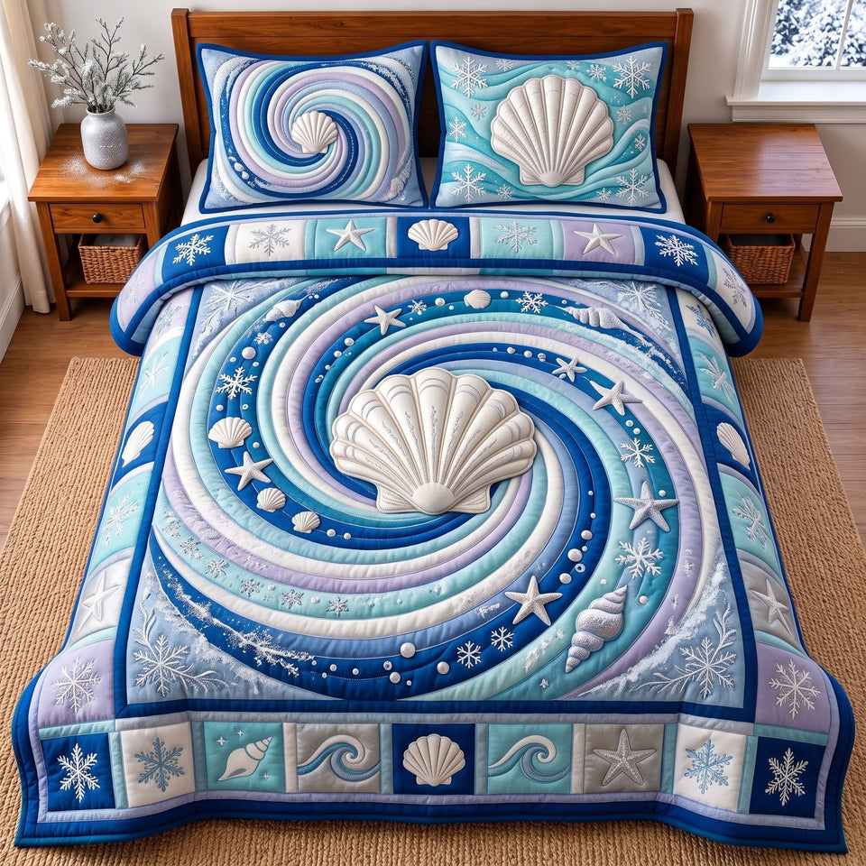 Ocean Spiral quilted bedding set, quilt and two pillow shams on a made bed